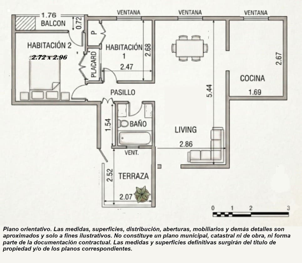 Plano 2D orientativo del departamento en San Telmo